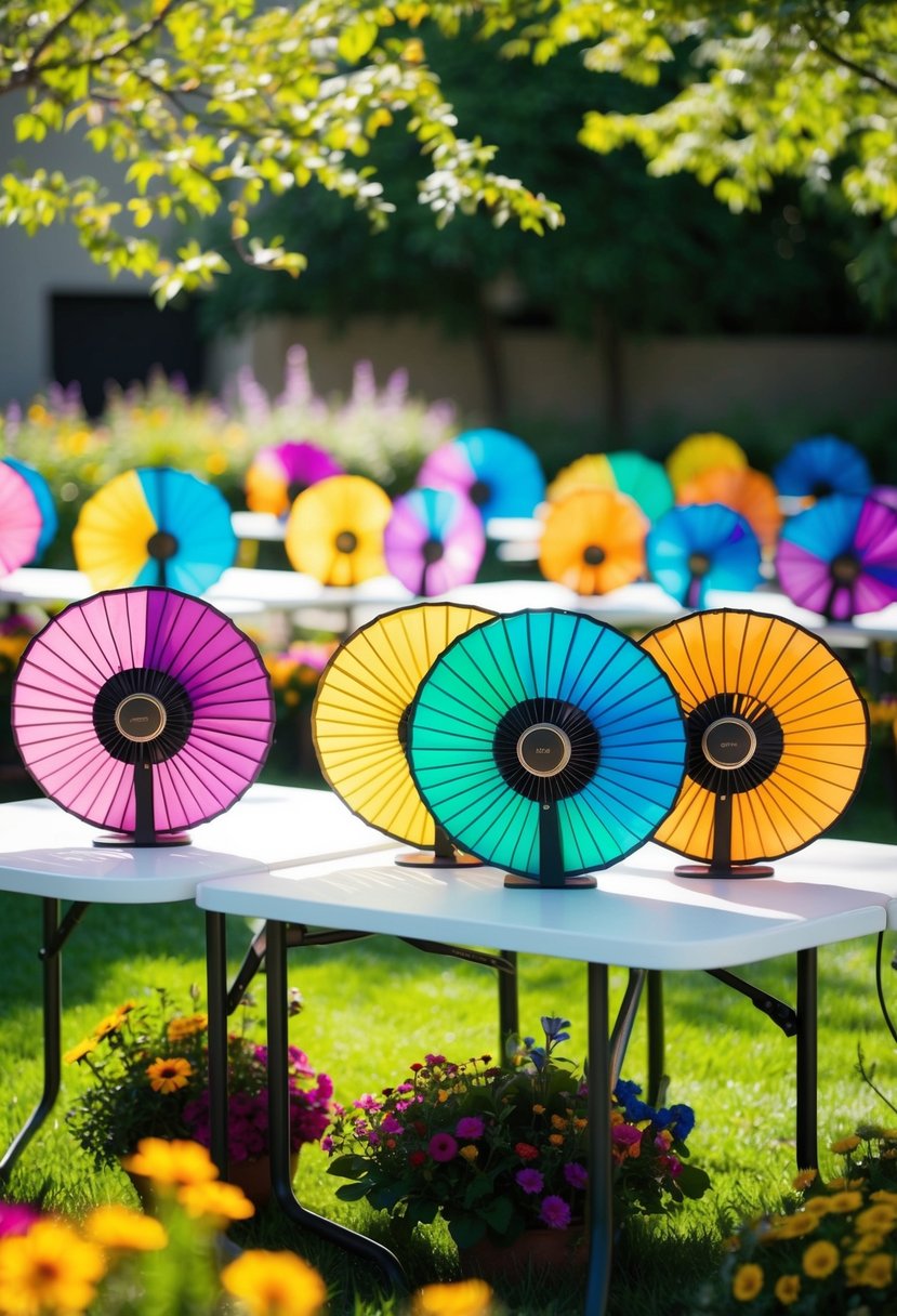 Colorful fans arranged on outdoor tables, surrounded by vibrant flowers and greenery. Sunlight filters through the trees, casting dappled shadows on the scene