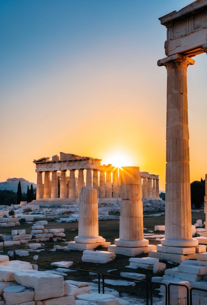 The sun sets behind the iconic Parthenon, casting a warm glow on the ancient ruins of Athens. The marble columns stand tall and proud, a testament to the city's rich history