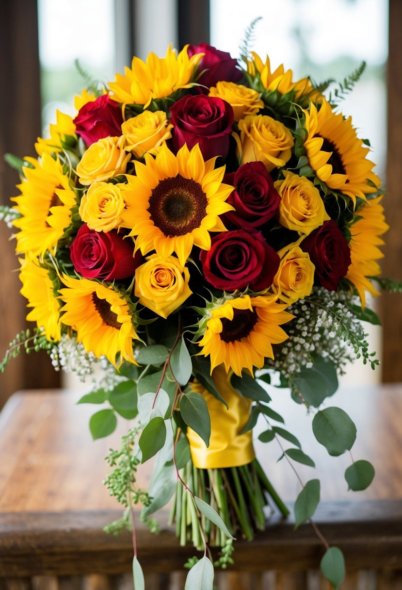 An elegant sunflower and rose wedding bouquet, with vibrant yellow and red blooms arranged in a cascading, romantic design