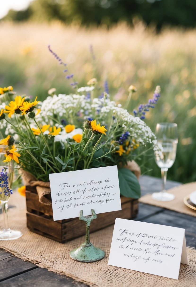 A rustic outdoor table with handwritten escort cards, surrounded by wildflowers and burlap accents