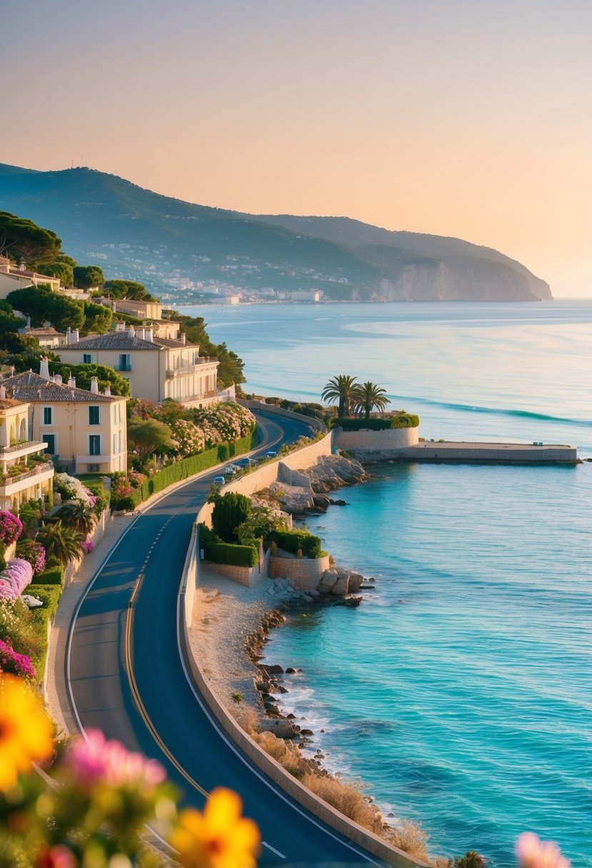 A winding coastal road hugs the turquoise waters of the French Riviera, lined with vibrant flowers and elegant villas under the warm Mediterranean sun