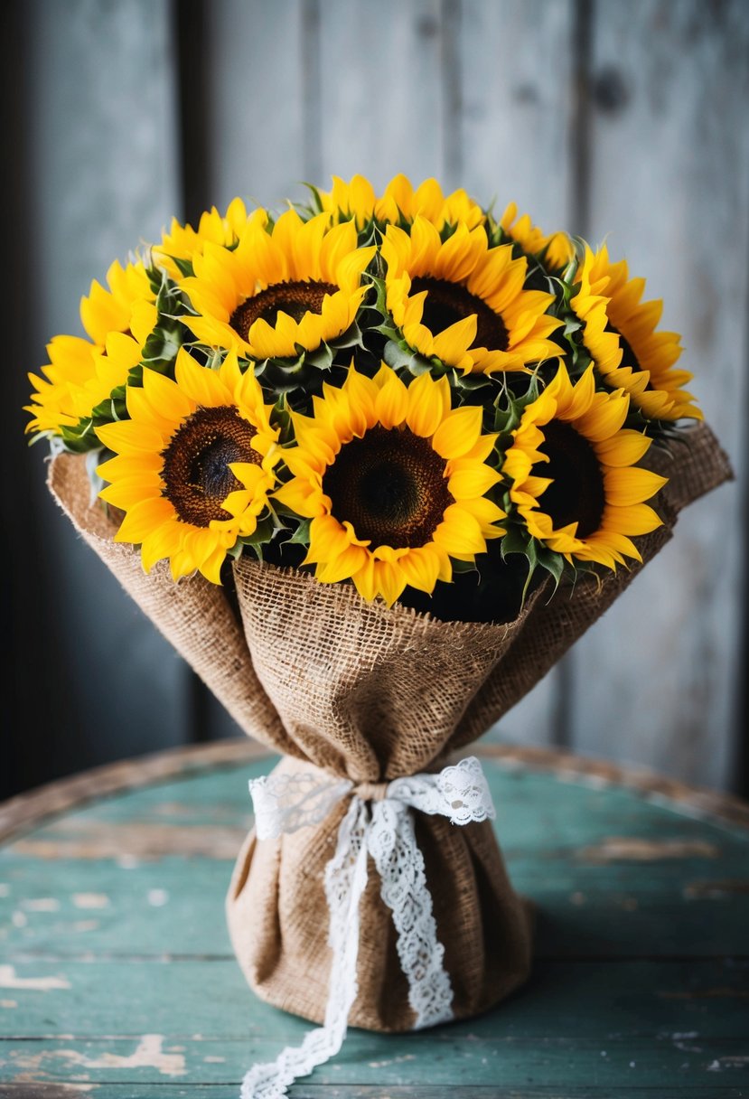 A rustic burlap-wrapped bouquet of sunflowers, tied with lace, sitting on a weathered wooden table