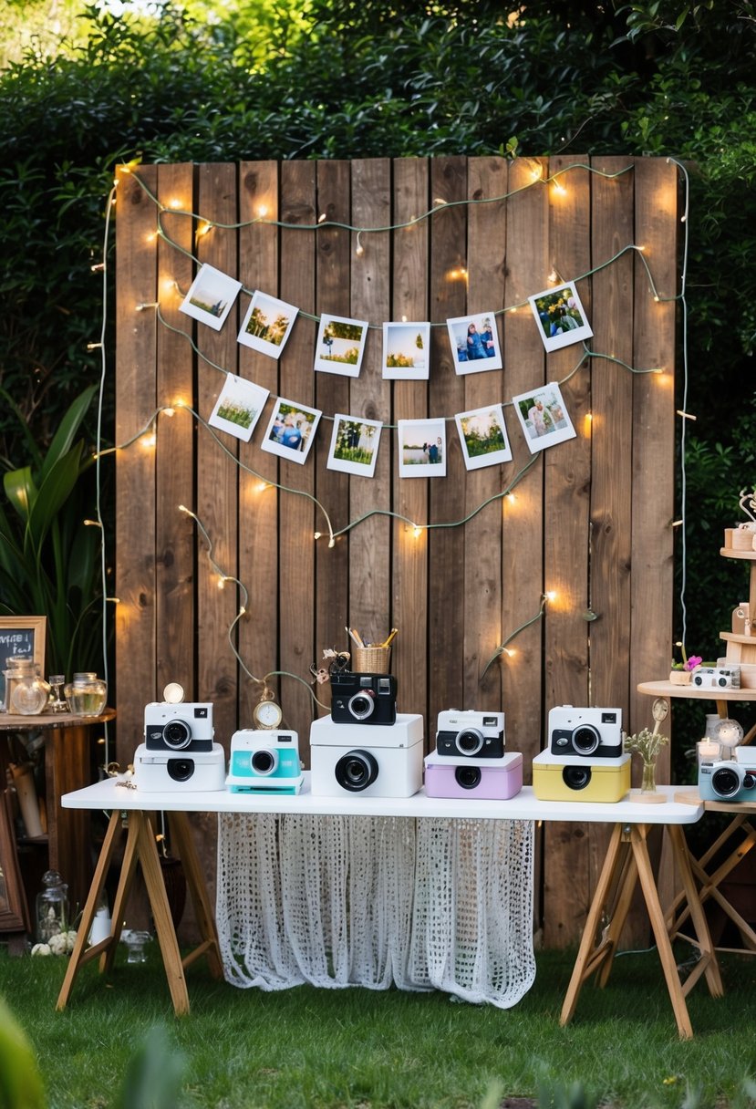 A rustic wooden backdrop adorned with fairy lights, a table stacked with Polaroid cameras and a variety of quirky props, set in a lush garden