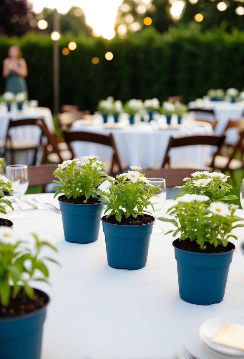 Potted flower seedlings arranged as centerpieces on outdoor wedding tables