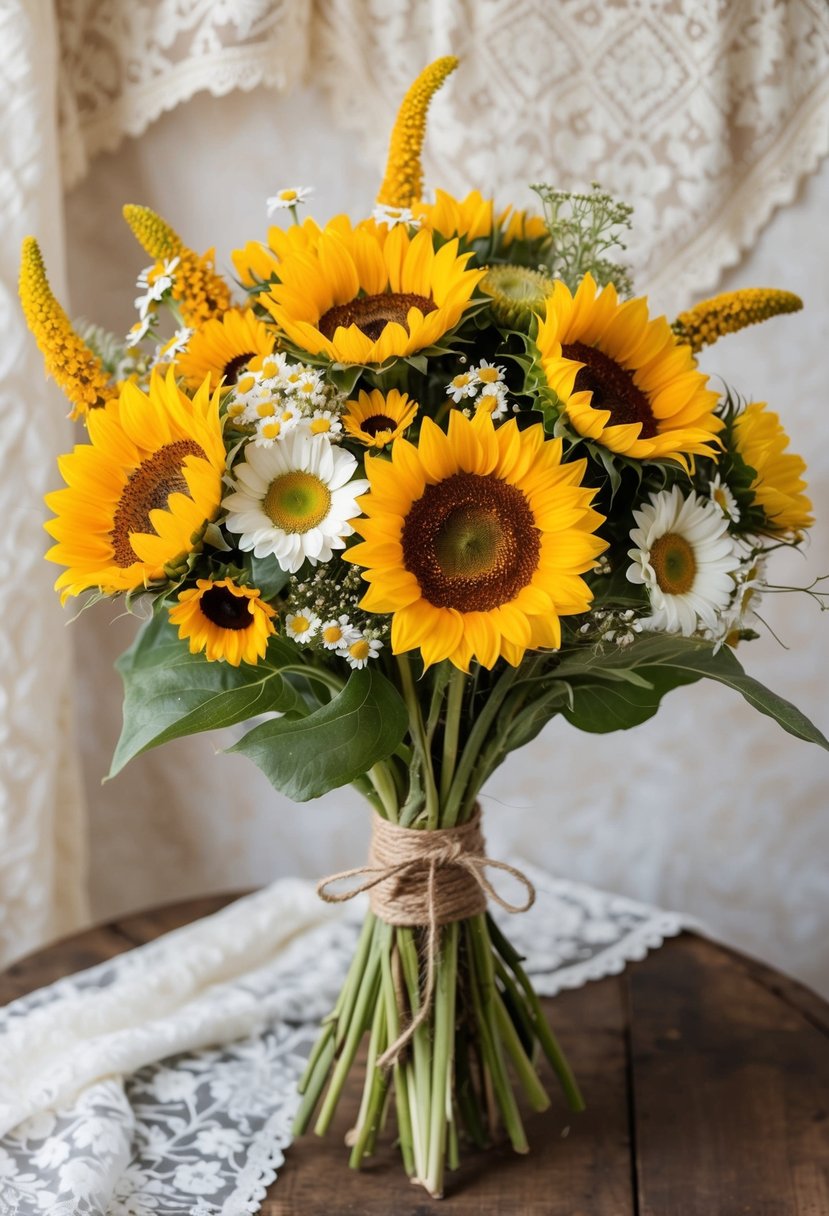 A rustic bouquet of sunflowers, daisies, and wildflowers tied with twine, set against a backdrop of a vintage wooden table and lace fabric