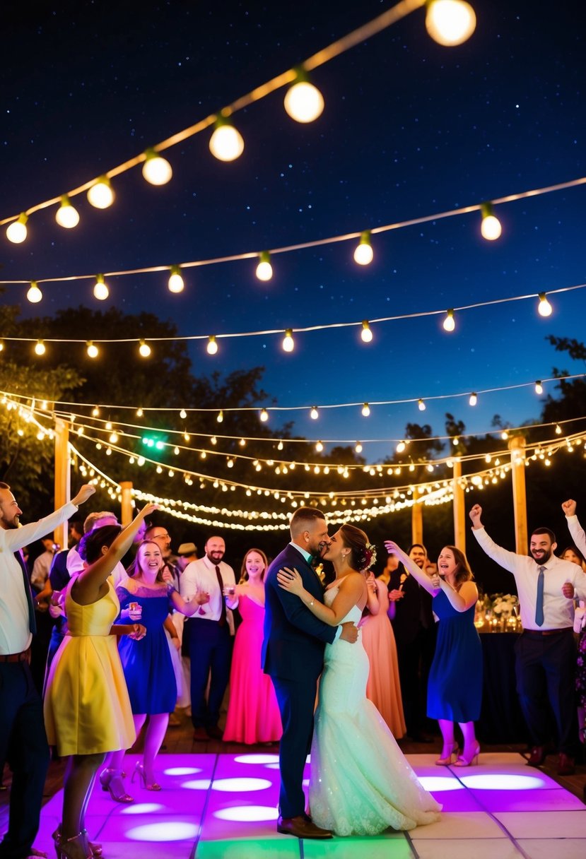 Colorful outdoor wedding reception with a vibrant playlist, featuring string lights, a dance floor, and lively guests celebrating under a starry sky