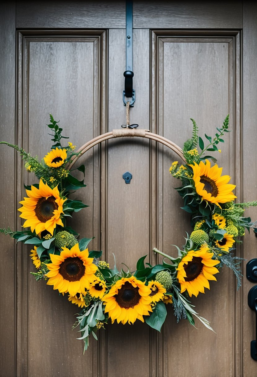 A rustic sunflower hoop hangs on a wooden door, adorned with vibrant sunflowers and greenery, creating a charming wedding bouquet idea