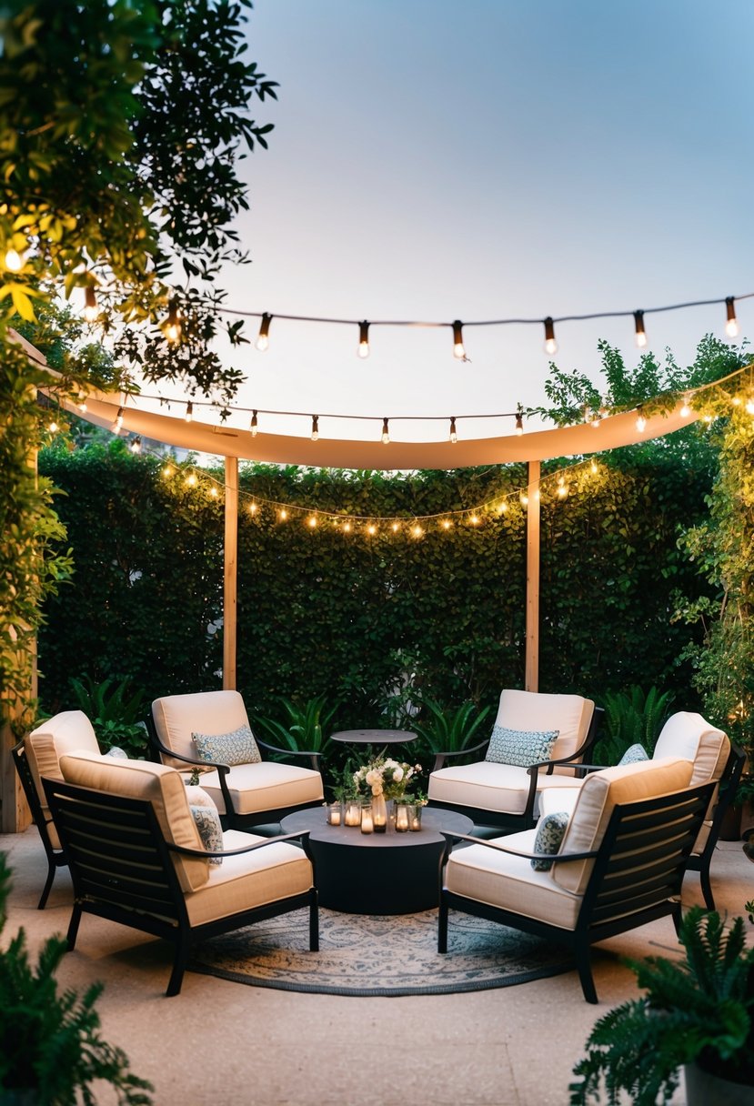 A cozy outdoor lounge area with shaded seating, surrounded by lush greenery and decorative lights for a comfortable and affordable wedding setting