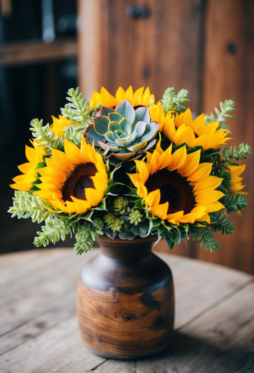 A vibrant sunflower and succulent bouquet arranged in a rustic, wooden vase