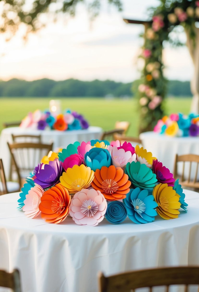 Tables adorned with colorful, intricately crafted paper flowers, set against a backdrop of a serene outdoor wedding venue