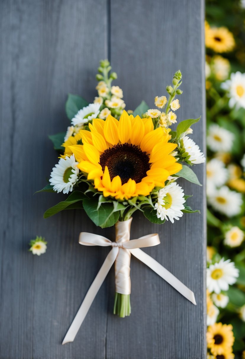 A sunflower boutonniere surrounded by smaller blossoms, tied with a ribbon, and ready for a wedding celebration