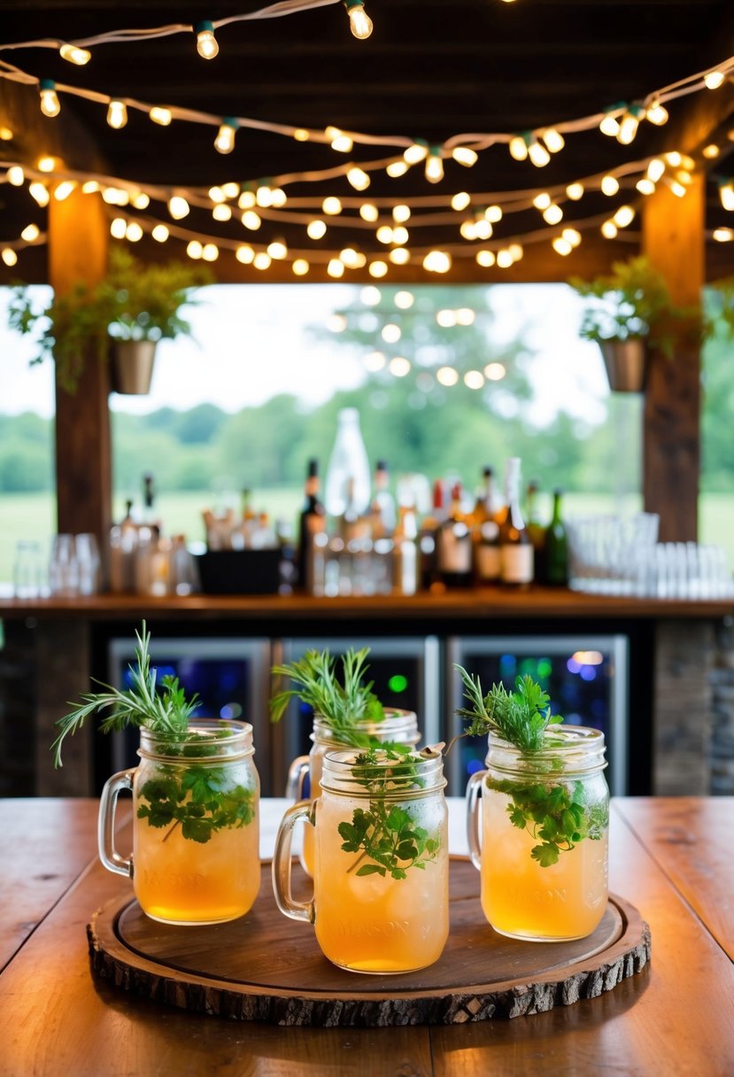 A rustic bar set up under twinkling string lights, with mason jars filled with a signature cocktail and fresh herbs as garnish