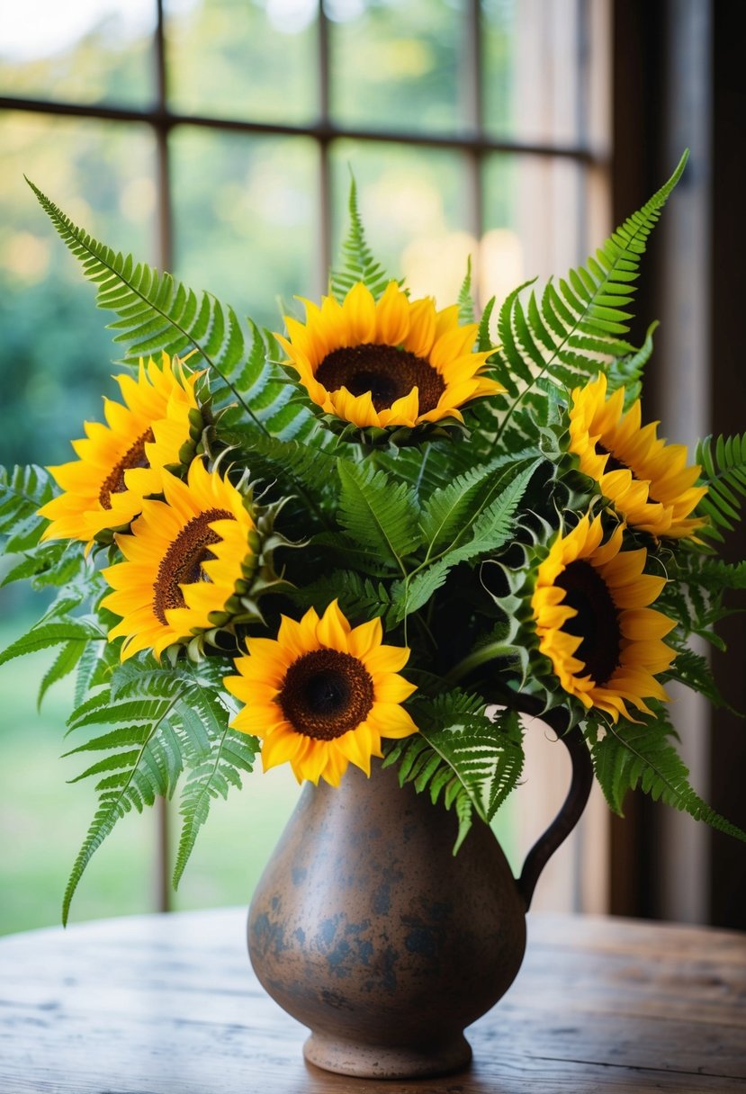 A vibrant bouquet of sunflowers and ferns arranged in a rustic vase