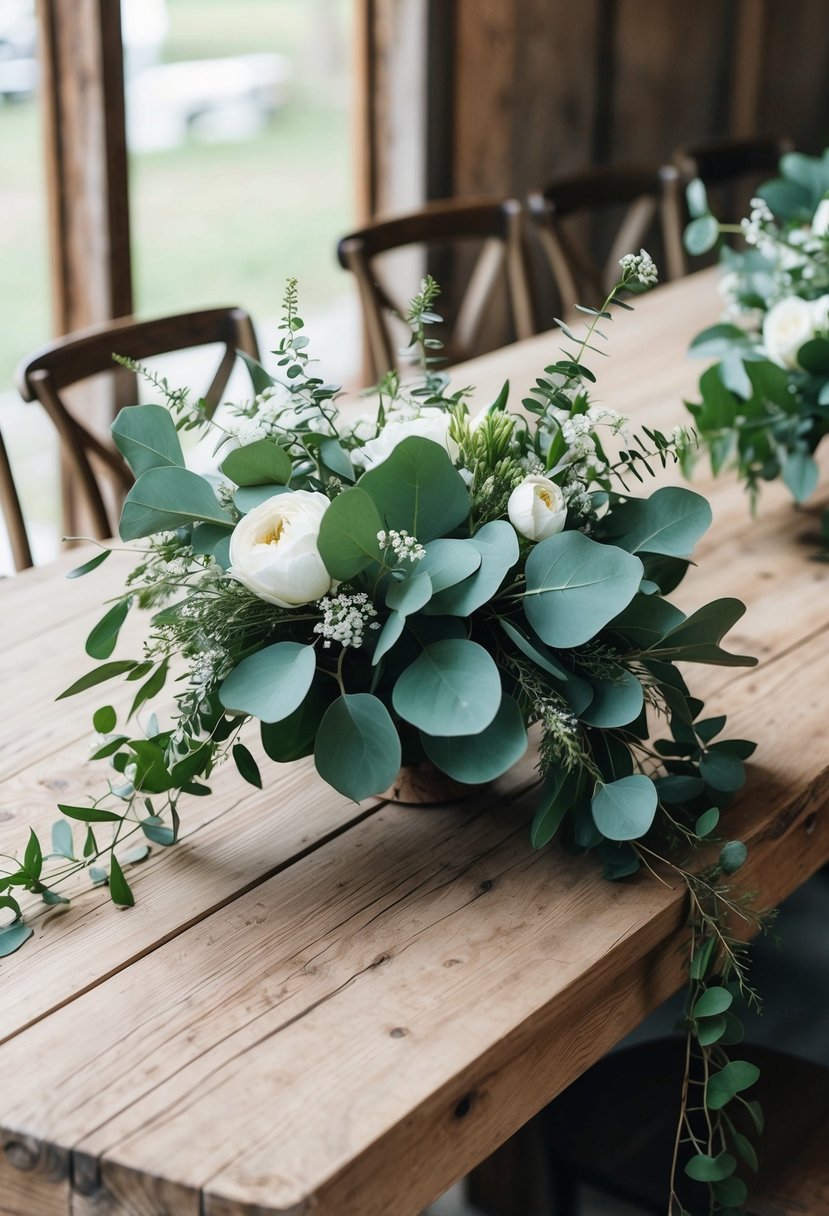 A rustic wooden table adorned with a lush eucalyptus wedding bouquet, accented with delicate white flowers and trailing greenery