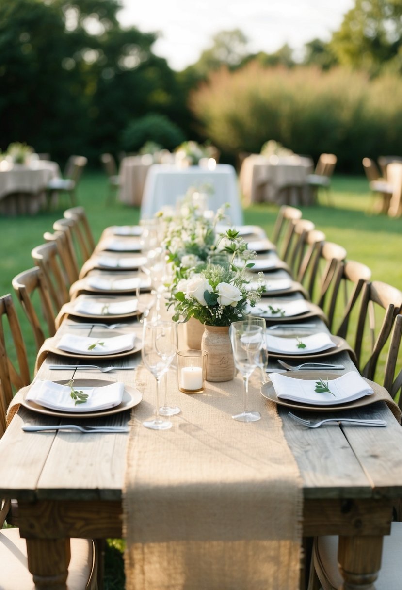 A rustic outdoor wedding table set with burlap runners and simple decor