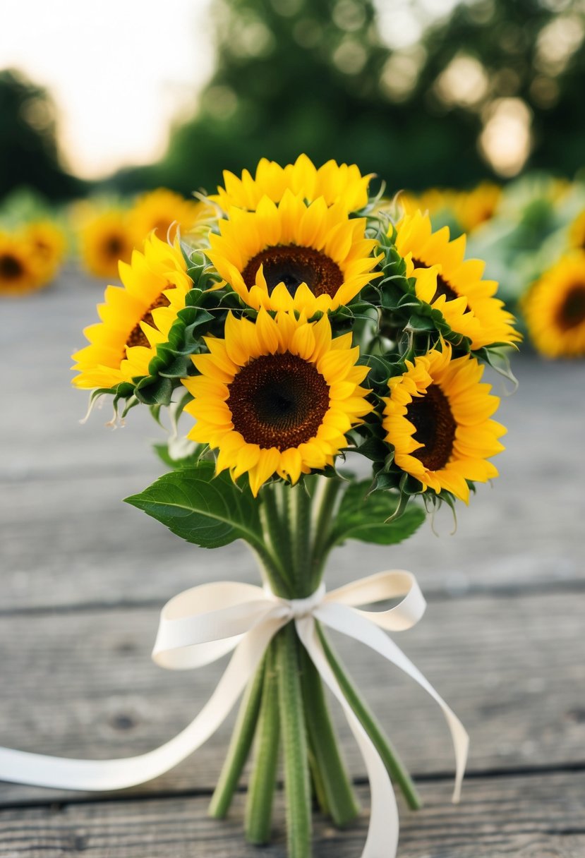 A small posy of bright sunflowers tied with a simple ribbon