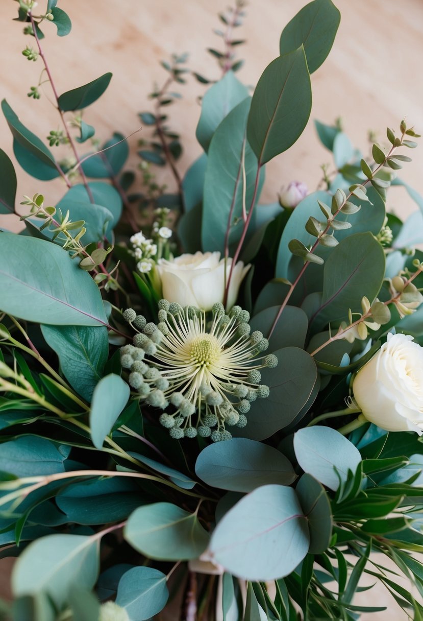 A vibrant eucalyptus wedding bouquet, with seeded eucalyptus adding texture and depth, nestled among delicate blooms and foliage