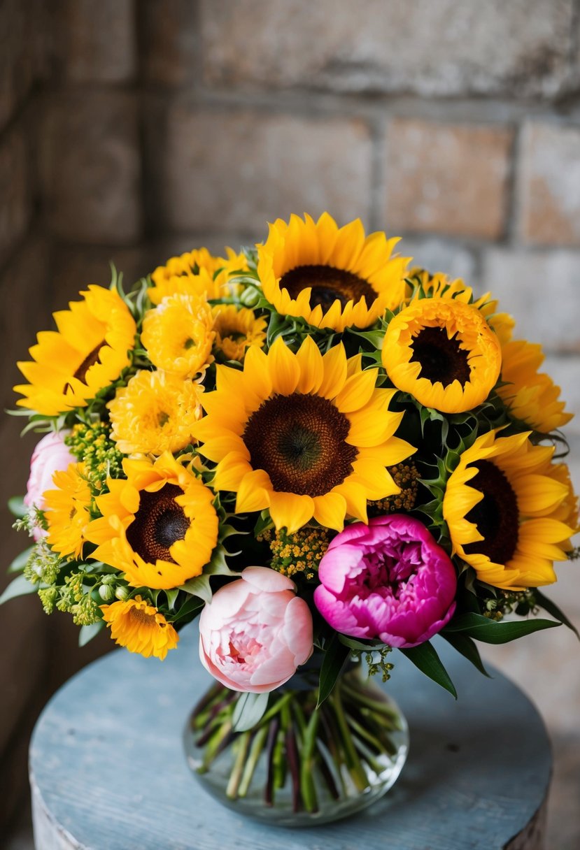 A vibrant bouquet of sunflowers and peonies arranged in harmonious balance