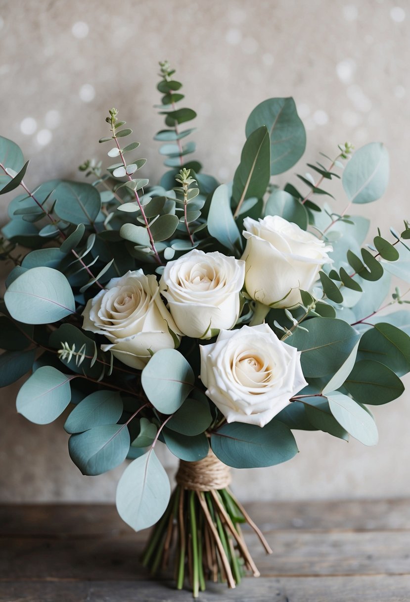 A bouquet of silver dollar eucalyptus and roses intertwined with eucalyptus leaves, arranged in a rustic, elegant style