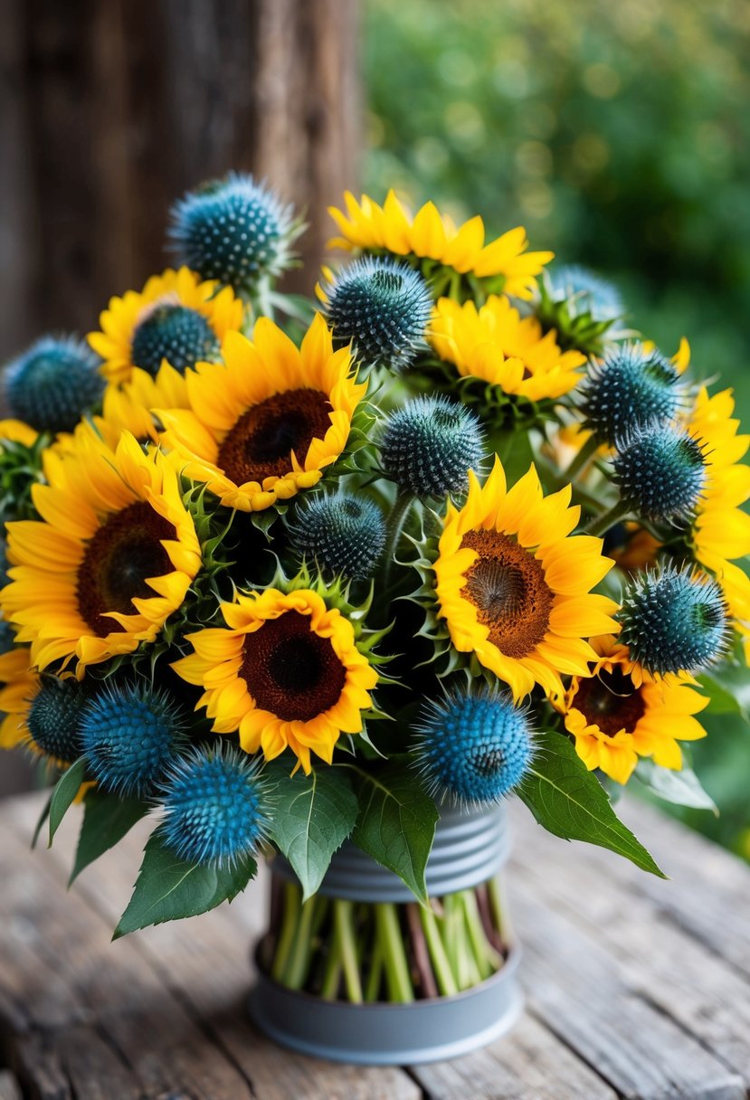 A vibrant bouquet of sunflowers and blue thistles arranged in a rustic, wildflower style