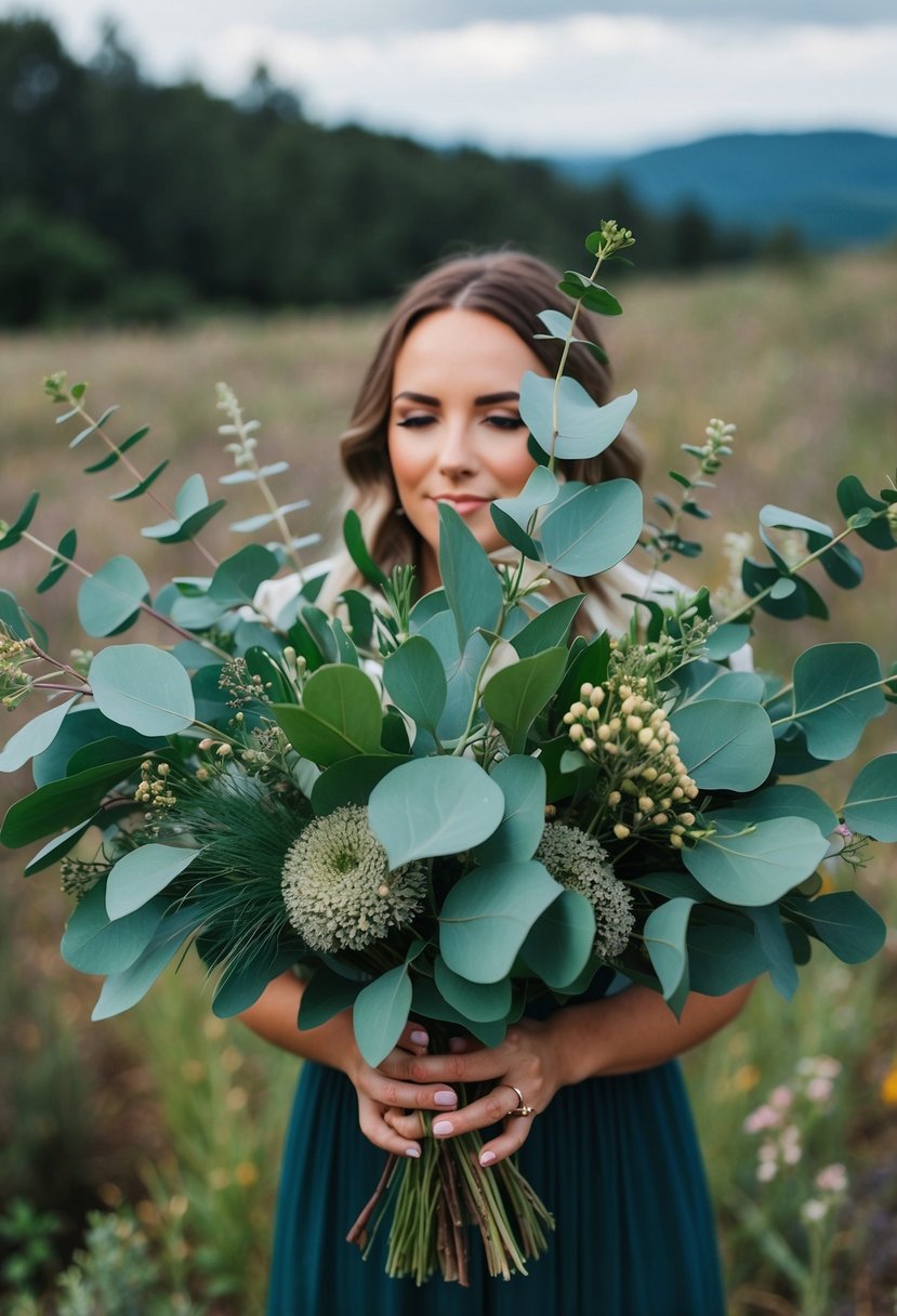 A lush eucalyptus bouquet interwoven with moody wildflowers