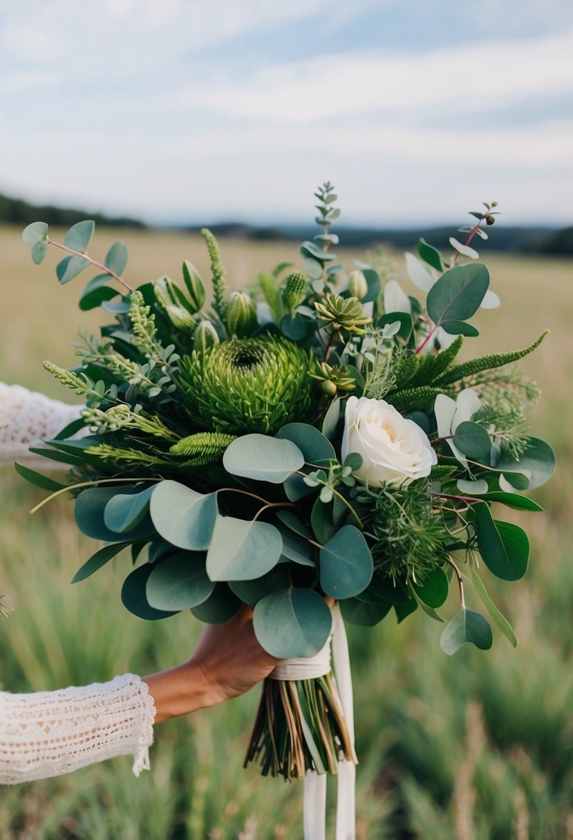 A lush, organic wedding bouquet featuring mixed greens and eucalyptus, with a bohemian and free-spirited vibe