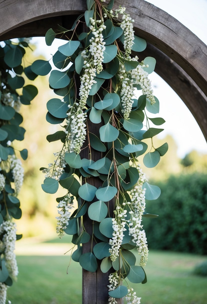 Eucalyptus cascading down from a rustic wooden arch, intertwined with delicate white flowers and hanging in loose, natural bunches