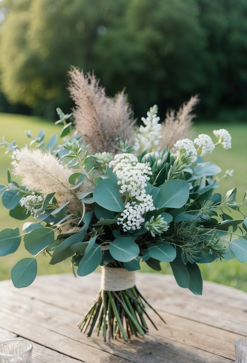 A lush bouquet of eucalyptus and dusty miller, intertwined with delicate white flowers, sits atop a rustic wooden table