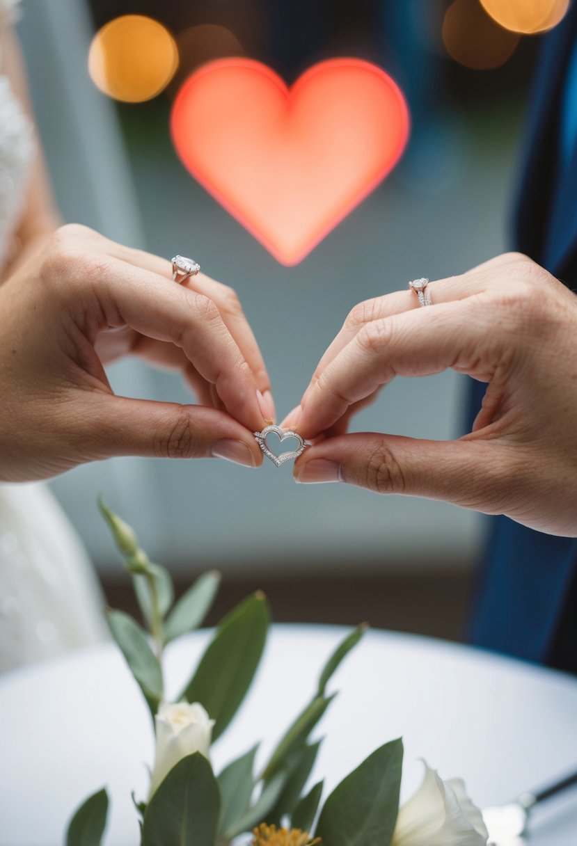 A bride and groom exchanging rings with a heart-shaped email symbol in the background