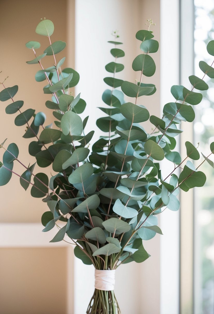 Tall eucalyptus stems arranged in a wedding bouquet, creating height and elegance