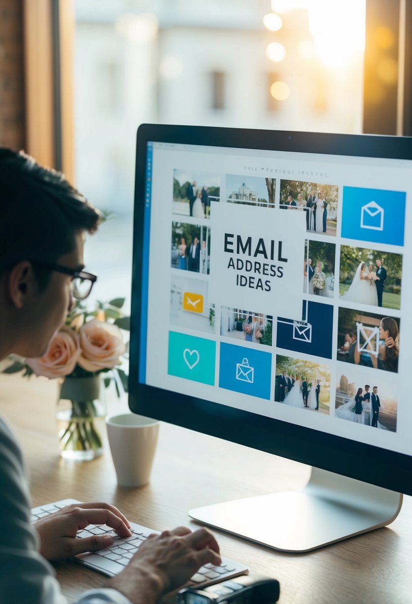 A computer screen displaying various wedding-related images and symbols, with a person typing on a keyboard to brainstorm email address ideas