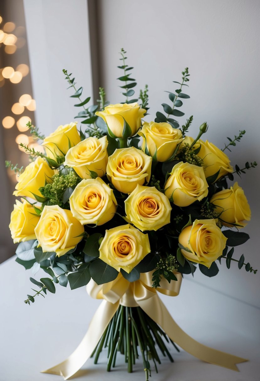 A bouquet of yellow roses arranged in a cascading style, accented with greenery and tied with a satin ribbon