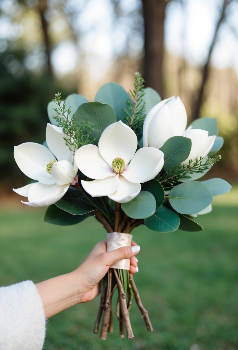 A delicate wedding bouquet featuring white magnolias paired with fragrant eucalyptus leaves