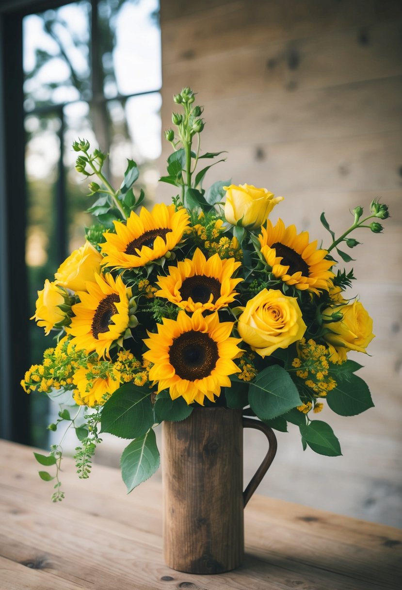 A cascading bouquet of sunflowers and yellow roses in a rustic wooden vase