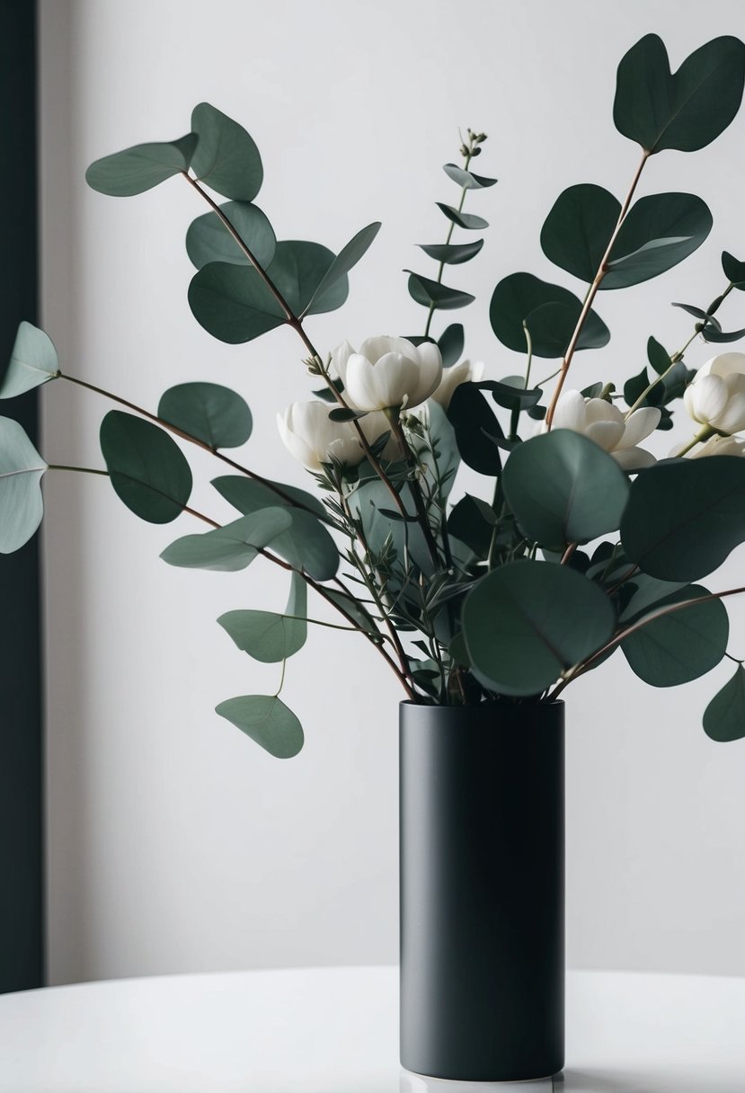 A sleek, monochromatic bouquet featuring eucalyptus leaves and minimalistic florals in a modern vase