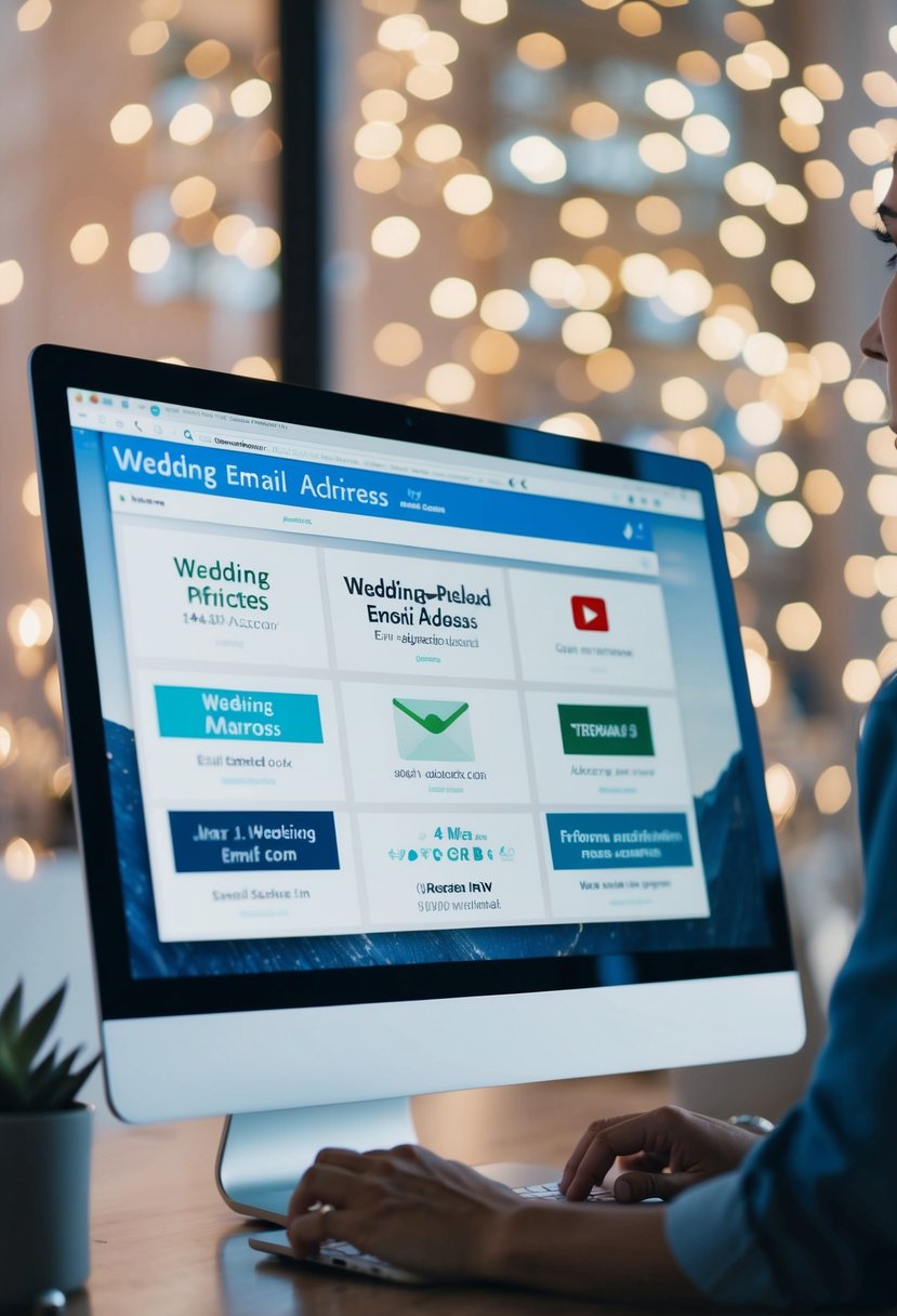 A computer screen with an open email account, displaying various wedding-related email address ideas