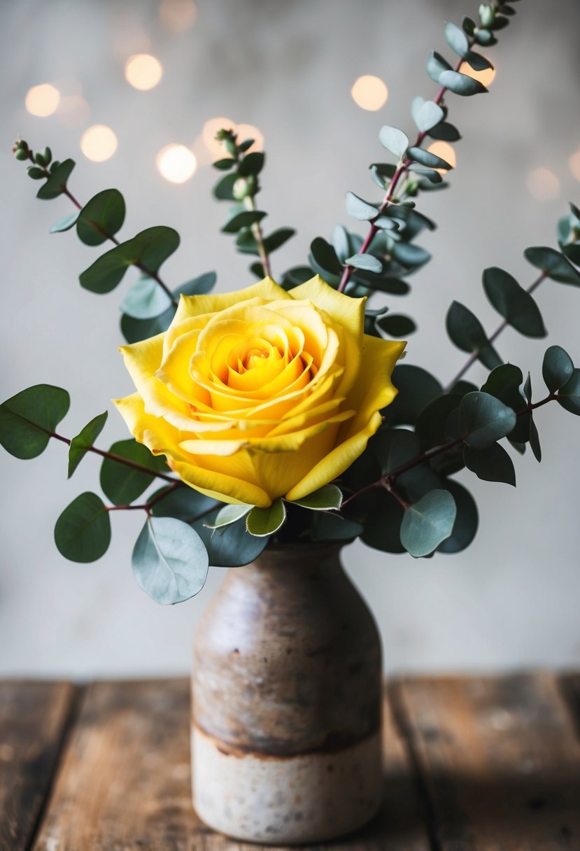 A vibrant yellow rose and eucalyptus arrangement in a rustic vase