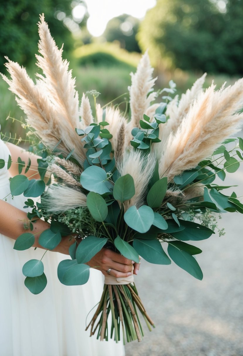 A lush bouquet of eucalyptus and pampas grass intertwined, creating a rustic and elegant wedding bouquet