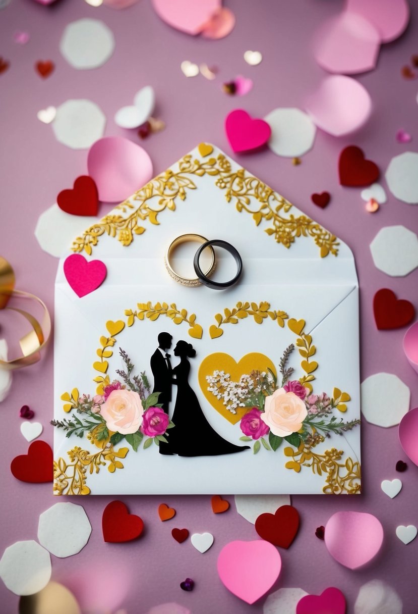 A decorative email address with a wedding theme, such as rings, flowers, and a bride and groom silhouette, surrounded by hearts and confetti