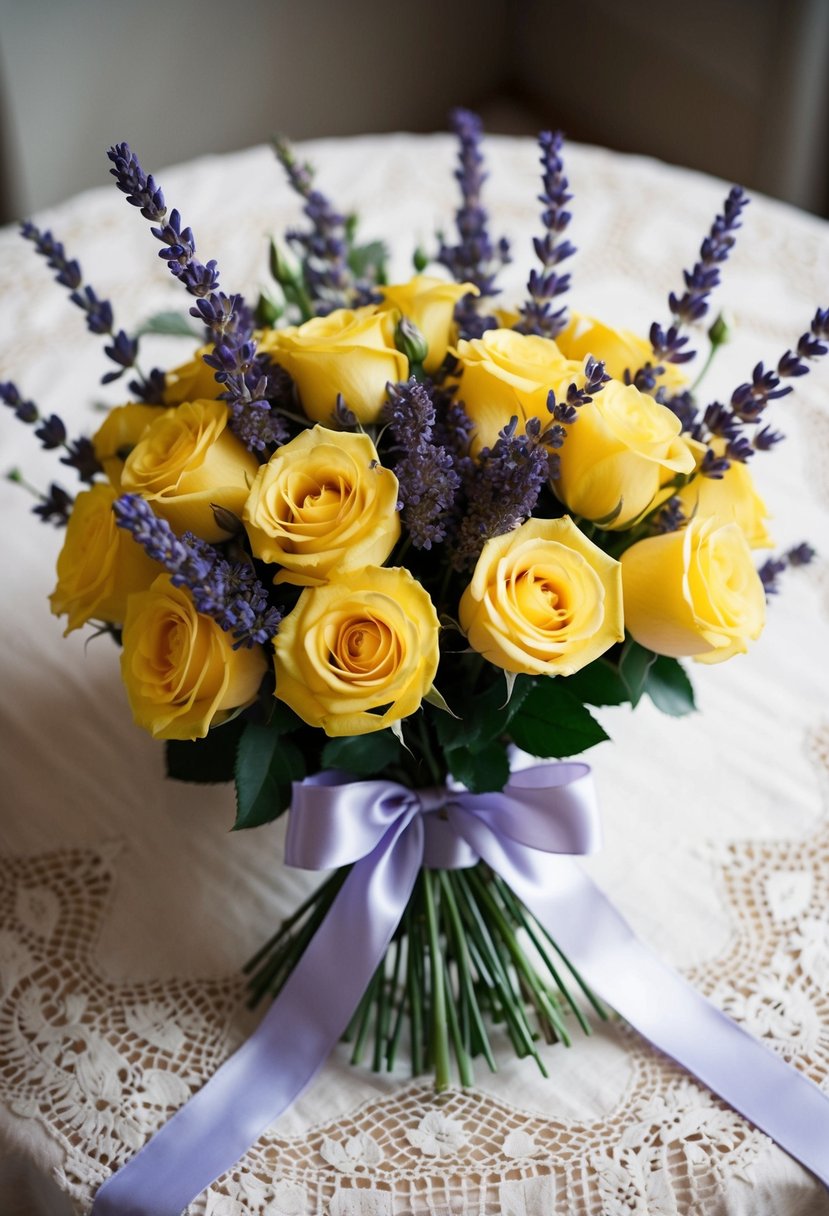 A bouquet of yellow roses and lavender tied with a satin ribbon, resting on a vintage lace tablecloth