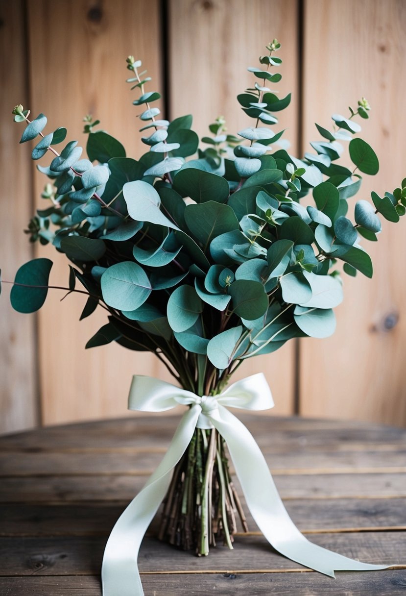 A bouquet of eucalyptus tied with a ribbon, sitting on a rustic wooden table