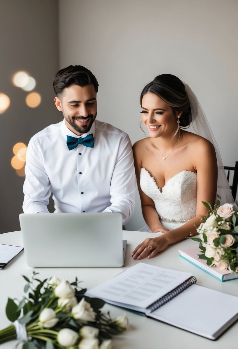 A bride and groom sit side by side, brainstorming wedding email address ideas on a laptop. A wedding planner book and a bouquet of flowers are spread out on the table