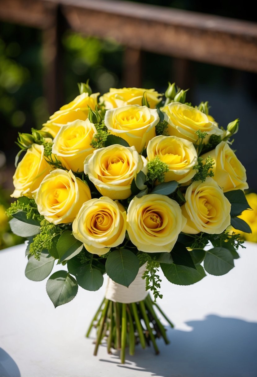 A classic bridal bouquet of vibrant yellow roses, neatly arranged with green foliage, perfect for a sunny wedding day