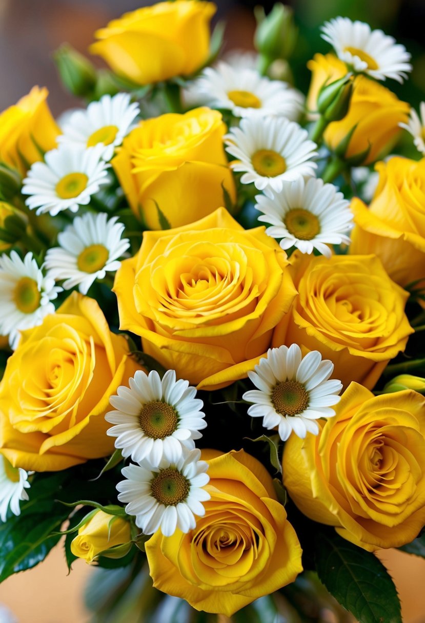 A vibrant bouquet of yellow roses and daisies, intertwined in a fusion of color and beauty