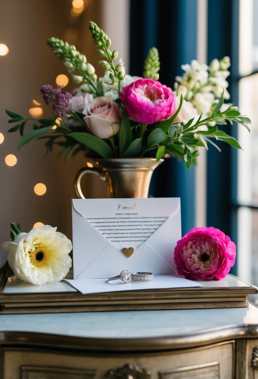 A wedding-themed email address with rings, flowers, and a love letter on a vintage desk