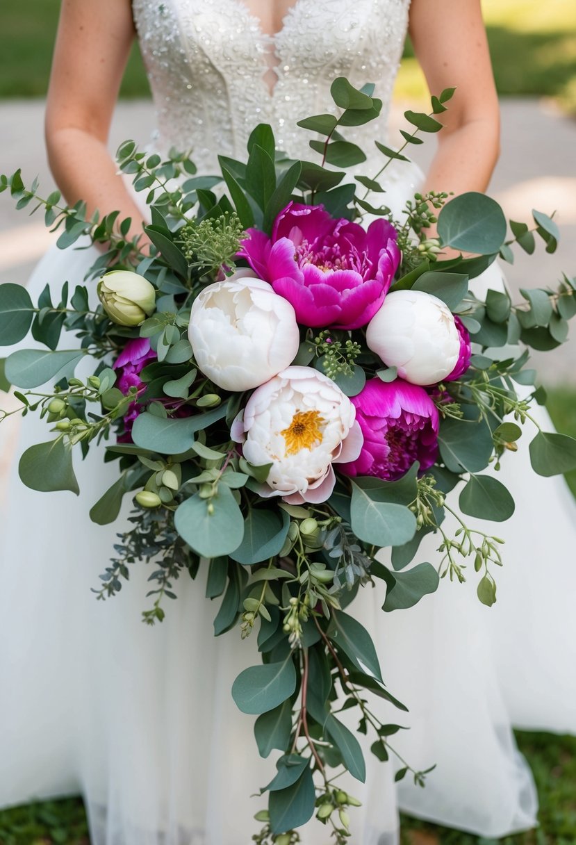 A vibrant wedding bouquet featuring lush peonies and fragrant eucalyptus, arranged in a cascading style with elegant greenery