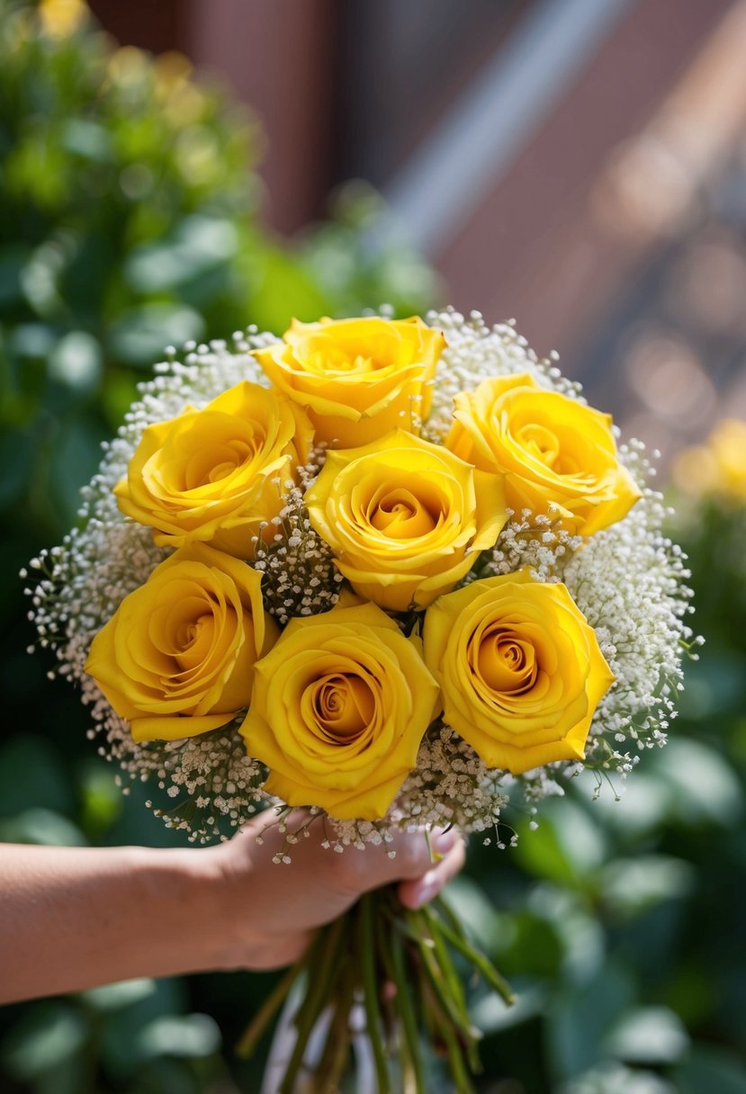 A vibrant bouquet of sunshine yellow roses surrounded by delicate baby's breath