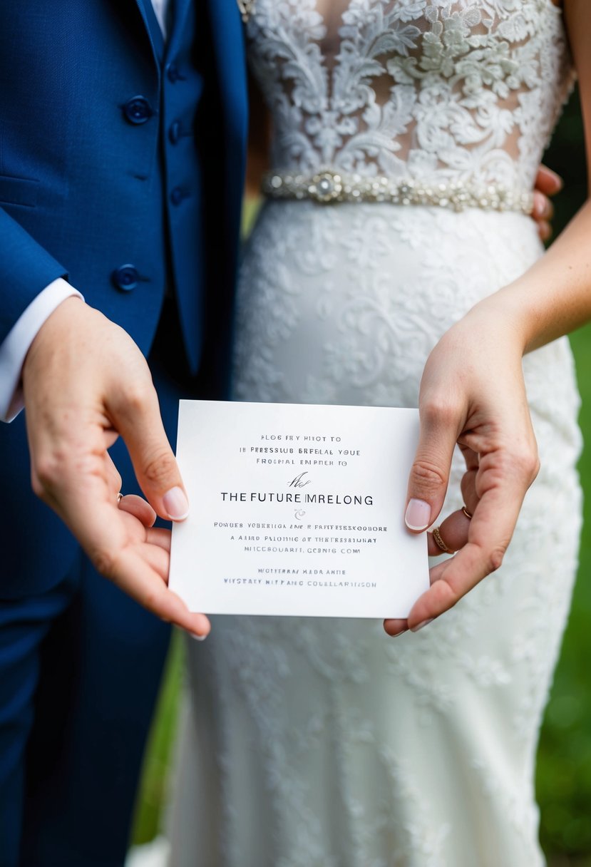 A bride and groom's hands holding a wedding invitation with "thefuturemrslongwedding@icloud.com" written on it