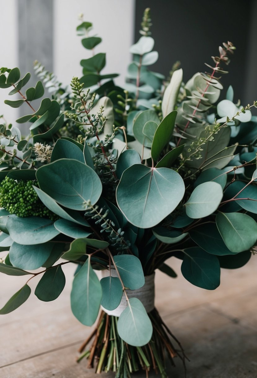 A lush eucalyptus wedding bouquet with different types of leaves, creating depth and texture in the arrangement