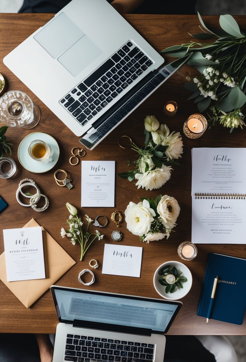 A table with various wedding-related items like rings, flowers, and invitations, surrounded by a laptop and a notebook for brainstorming